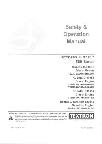Jacobsen Turfcat 500 Series T523D T528D T535D Operators Manual