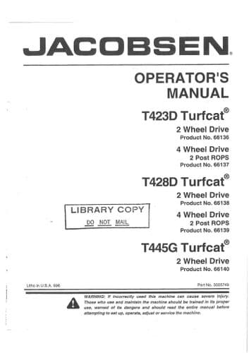 Jacobsen Turfcat T423D T428D T445G 2/4 Wheel Drive Operators Manual