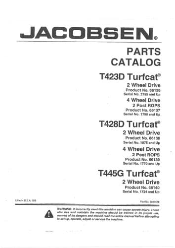 Jacobsen Turfcat T423D T428D T445G Parts Manual