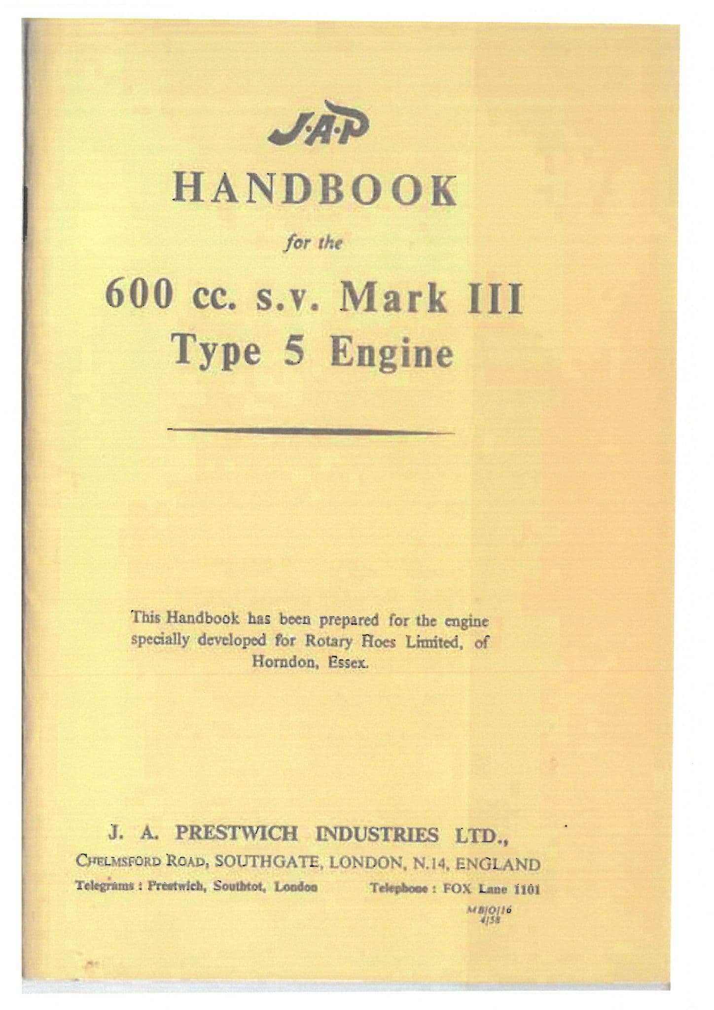 JAP Engine 600cc sv Mark III Type 5 Operators Manual