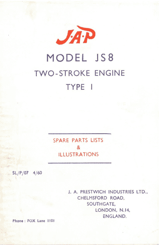 JAP Engine Two Stroke Models J S 8  Type 1 Parts Manual