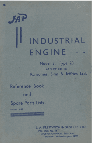 JAP Industrial Engine Models 3 Type 28 Operators  Manual with Parts List