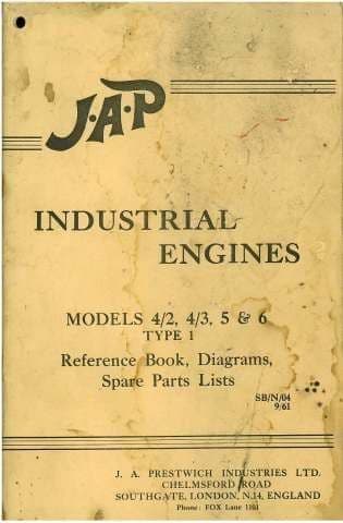 JAP Industrial Engine Models 4/2 4/3 5 & 6 Type 1 User's Manual with Parts List