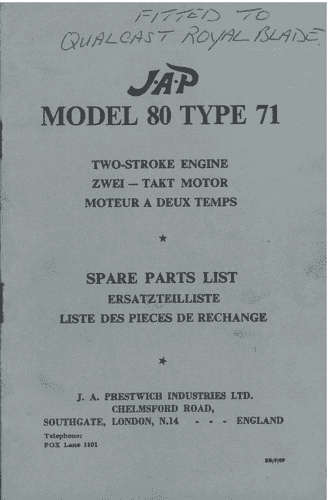JAP Two Stroke Engine Model 80 Type 71 Parts Manual