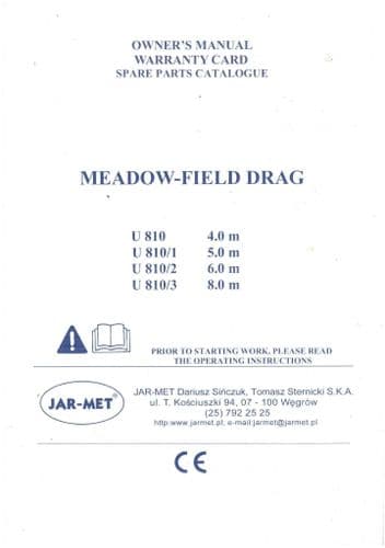 Jar-Met Meadow Field Drag Harrow U810 U810/1 U810/3 U810/3 4m 5m 6m 8m Operators and Parts Manual