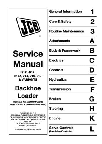 JCB Backhoe Loader 3CX  4CX 214E 214 215 217 & Variants Workshop Service Manual SN930000