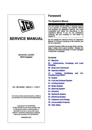 JCB Backhoe Loader Digger 3CX Compact Workshop Service Manual