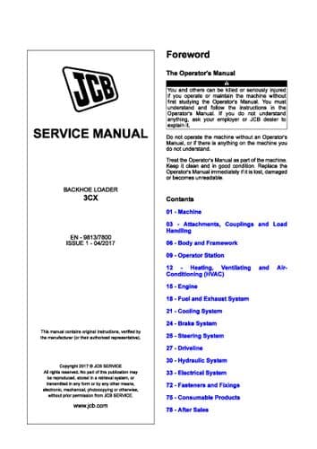 JCB Backhoe Loader Digger 3CX  Workshop Service Manual 2017