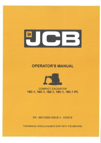 JCB Compact Excavator 15C-1, 16C-1, 18Z-1, 19C-1 & 19C-1PC Operators Manual