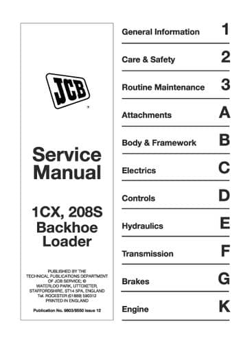JCB Digger Backhoe Loader 1CX 208S Workshop  Service Manual