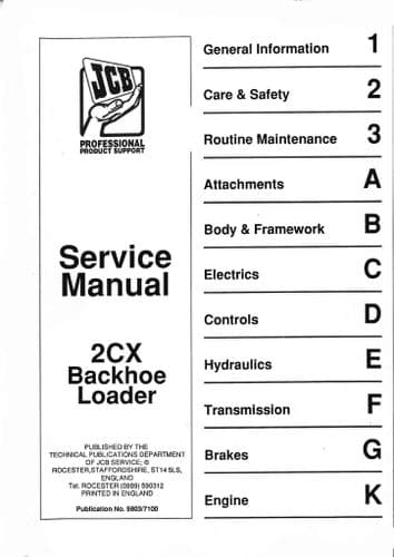JCB Digger Backhoe Loader 2CX Workshop  Service Manual