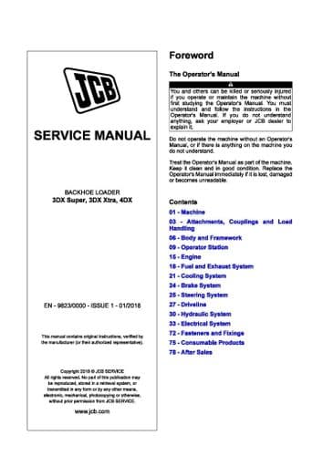 JCB Digger Backhoe Loader 3DX Super, 3DX & 4DX Workshop  Service Manual 2018