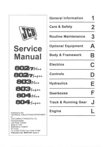 JCB Exc 802.7 Plus 802.7 Super, 803 Plus, 803 Super,  804 Plus & 804 Super Workshop Service Manual