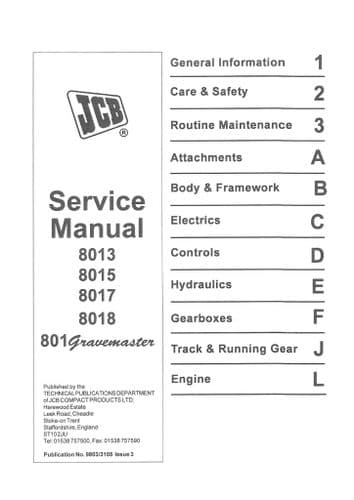 JCB Excavator 8013 8015 8017 8018 & 801 Gravemaster Workshop Service Manual