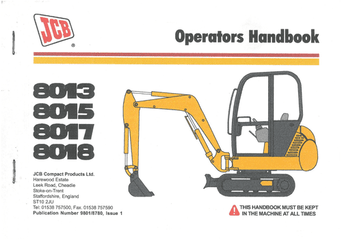 JCB Excavator 8013 8015 8017 8018 Operators Manual