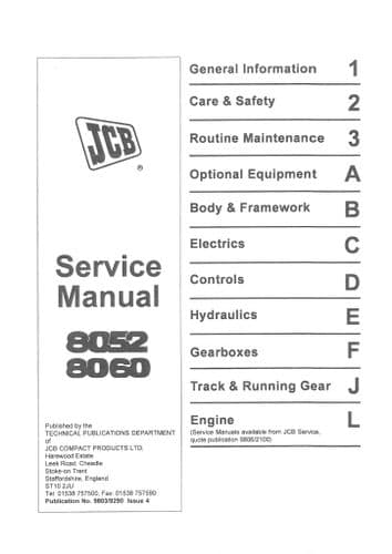 JCB Excavator 8052 8060 Workshop Service Manual