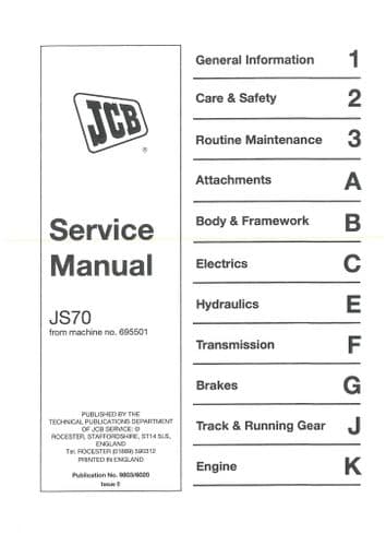 JCB Hydraulic Excavator Digger JS70 Workshop Service Manual