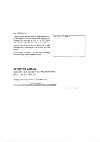 JCB Rough Terrain Forklift RTFL 926 930 940 950 Operators Manual