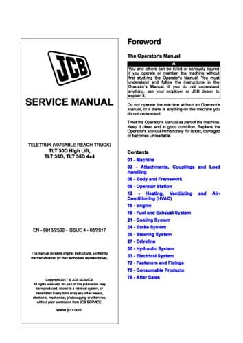 JCB Teletruk Variable Reach Handler TLT30D High Lift, TLT35D, TLT35D 4x4 Workshop Service Manual