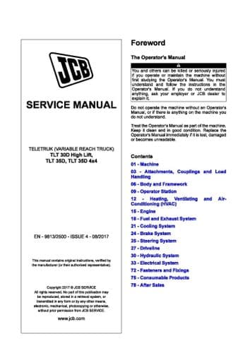 JCB Teletruk Variable Reach Handler TLT30D High Lift, TLT35D, TLT35D 4x4 Workshop Service Manual