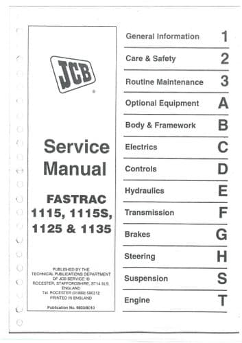 JCB Tractor Fastrac 1115 1115S 1125 1135 Service Workshop Manual