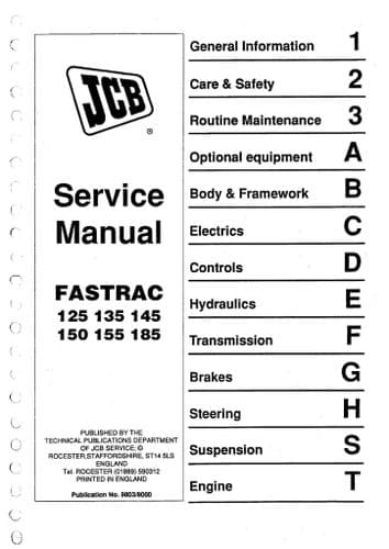 JCB Tractor Fastrac  125 135 145 150 155 185 Service Workshop Manual