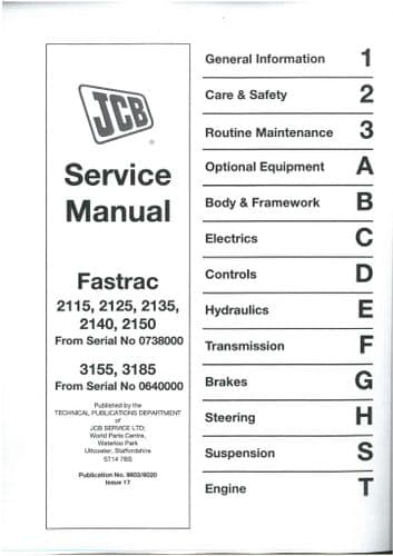 JCB Tractor Fastrac 2115 2125 2135 2140 2150 & 3155 3185 Service Workshop Manual