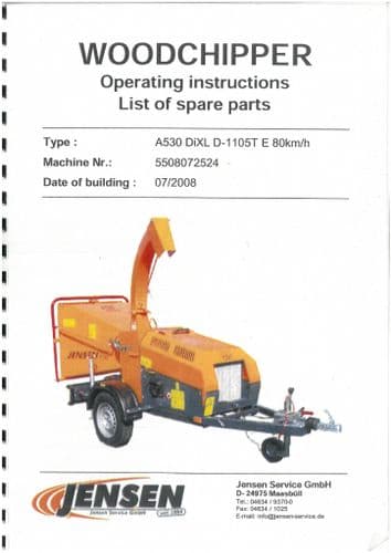 Jensen Wood Chipper A530 Operators Manual - ORIGINAL