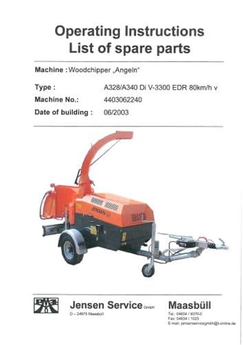 Jensen Woodchipper A328 Operators Manual with Parts List
