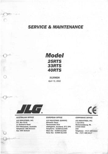 JLG High Platform Cherry Picker Lift 25RTS 33RTS 40RTS Workshop Service Repair Manual 25 33 40 RTS