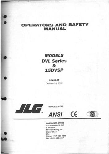 JLG High Platform Cherry Picker Lift DLV Series & 15DVSP Operators Manual DVSP