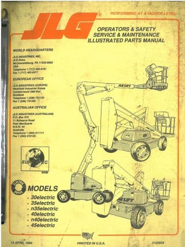JLG High Platform Cherry Picker Model 30 35 N35 40 N40 45 Electric Operators Manual with Parts List