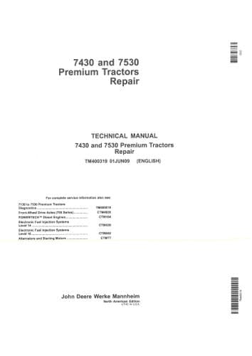 John Deere 7430 7530 Premium Tractors Technical Service Repair Manual