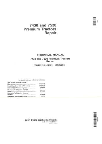 John Deere 7430 7530 Premium Tractors Technical Service Repair Manual