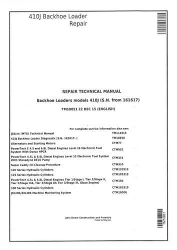 John Deere Backhoe Loader 410J Repair Technical Manual TM10851