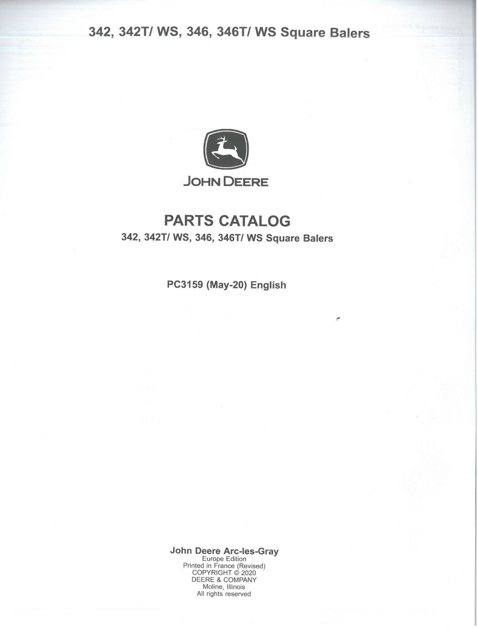 John Deere Baler 342 & 346 Twine and Wire Parts Manual
