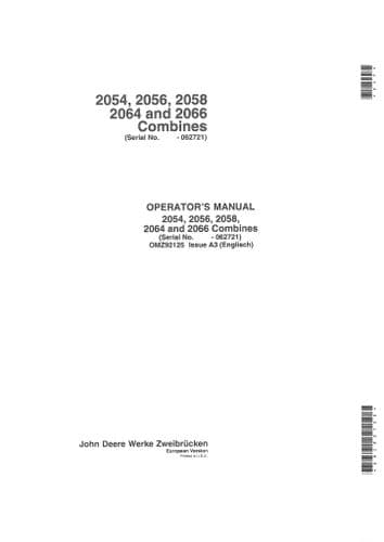 John Deere Combine 2054, 2056, 2058, 2064 & 2066 Operators Manual - OMZ92125