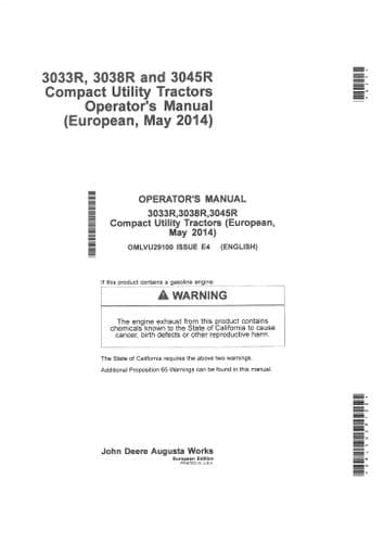 John Deere Compact Utility Tractor 3033R 3038R 3045R Operators Manual