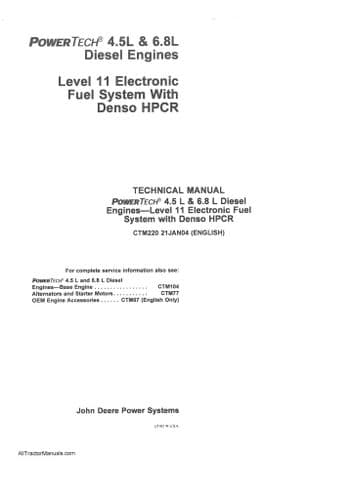 John Deere Diesel Engine 4.5L & 6.8L Electronic Fuel System  HPCR Technical Workshop Service Manual