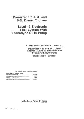 John Deere Diesel Engine 4.5L & 6.8L Electronic Fuel System with DE10 Pump Component Workshop Manual