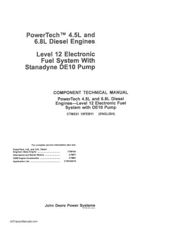 John Deere Diesel Engine 4.5L & 6.8L Electronic Fuel System with DE10 Pump Component Workshop Manual