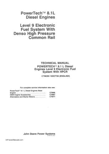 John Deere Diesel Engine 8.1L Electronic Fuel System  High Pressure Common Rail Workshop Manual