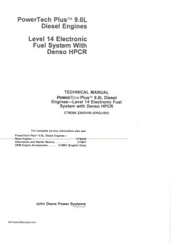 John Deere Diesel Engine 9.0L Electronic Fuel System with Denso HPCR Workshop Service Manual