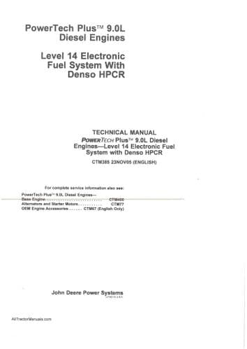 John Deere Diesel Engine 9.0L Electronic Fuel System with Denso HPCR Workshop Service Manual