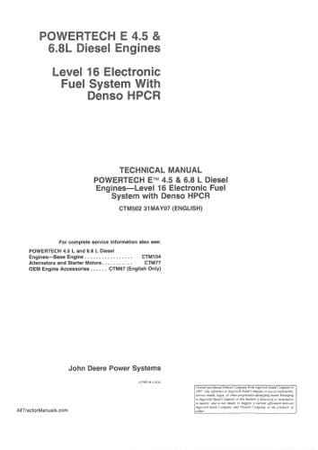 John Deere Diesel Engine  E 4.5L & 6.8L Electronic Fuel System with Denso HPCR Workshop Manual