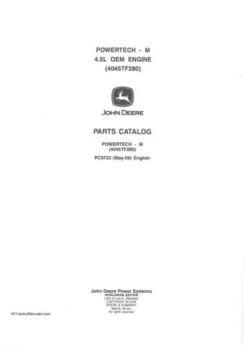 John Deere Diesel Engine OEM PowerTech M 4.5L 4045TF280 Parts Manual