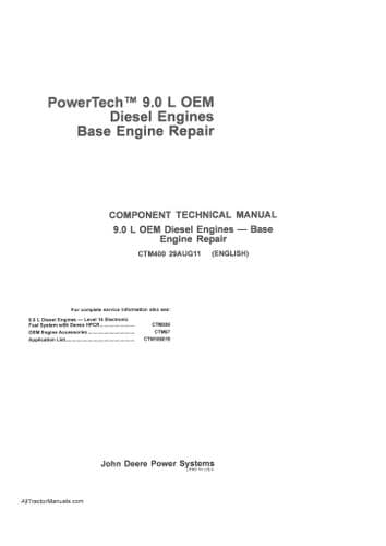 John Deere Diesel Engine PowerTech 9.0L Base Engine Component Technical Repair Manual