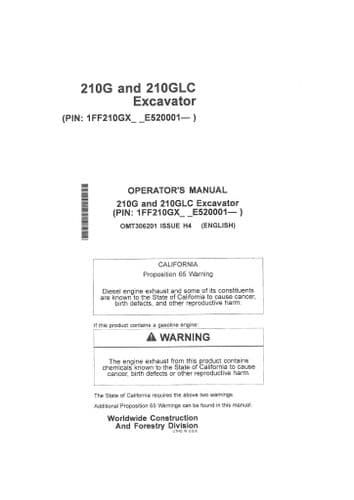 John Deere Excavator 210G & 210GLC Operators Manual