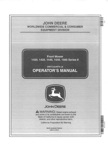 John Deere Front Mower 1420 1435 1445 1545 & 1565 Series II Operators Manual
