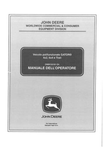 John Deere Gator Utility Vehicle ATV  4x2, 6x4 & Trail Operators Manual - ITALIAN
